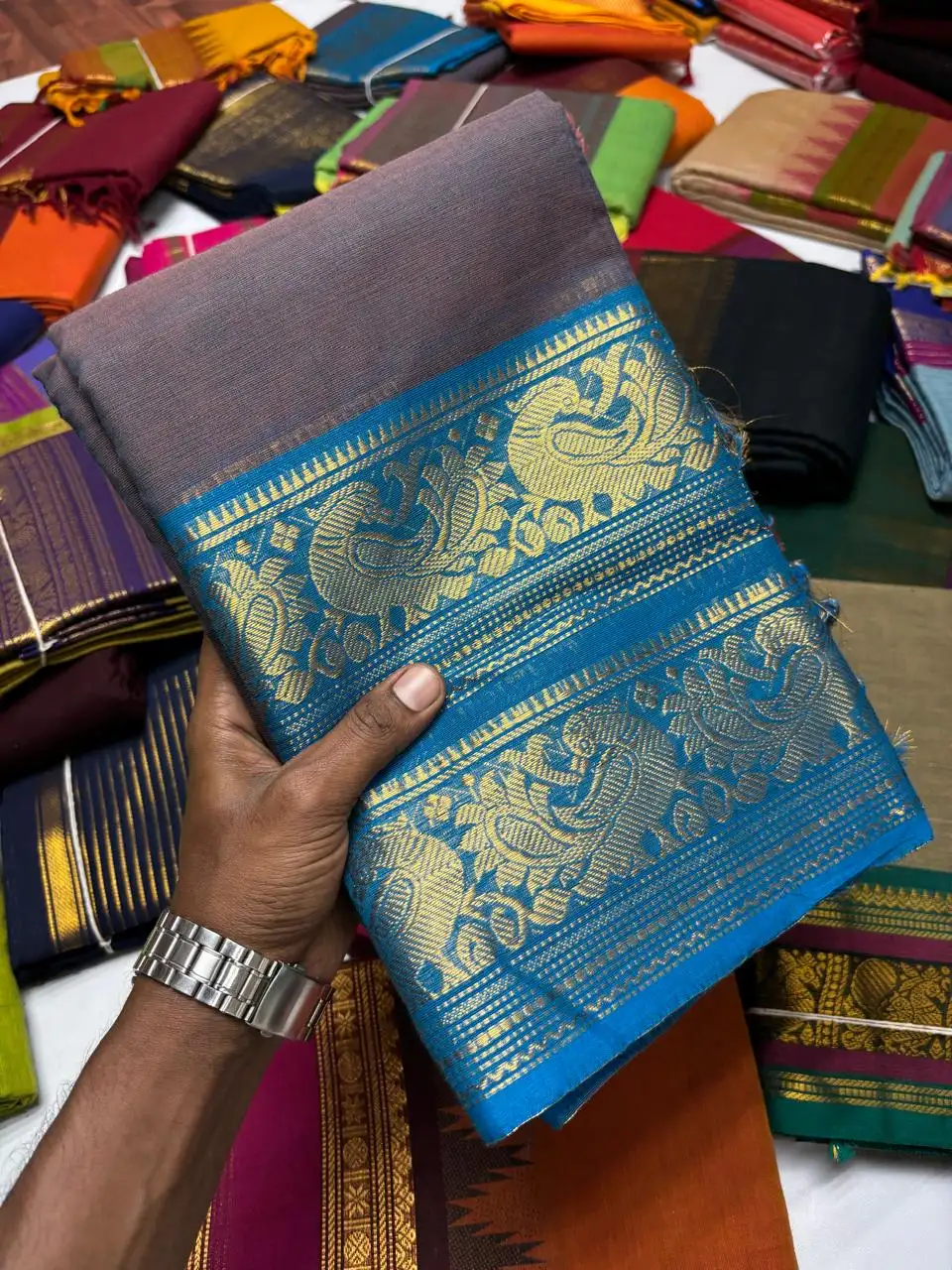 Brown and Sky Blue Kanchi Pure Cotton Saree
